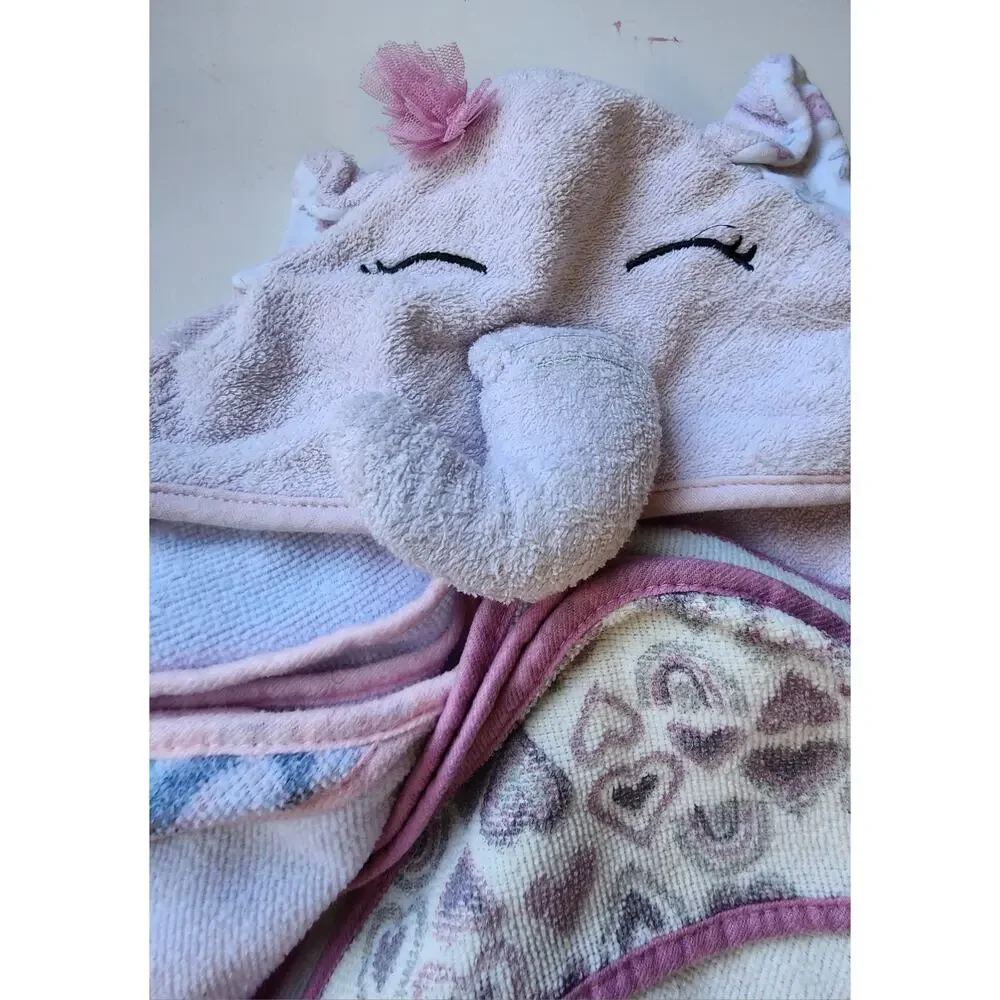 Baby Girl Infant Bath Towl Lot Pink Embroidered Floral Princess Crown Elephant